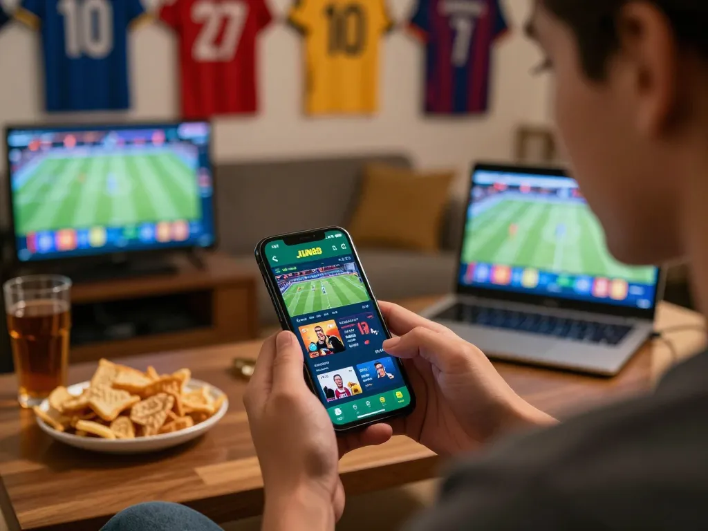 Experience the thrill of sports betting with the JUN88 app in a cozy home setting.