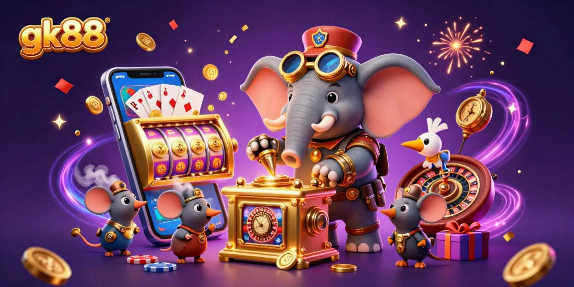Engaging illustration of gk88 featuring a steampunk elephant operating a slot machine surrounded by casino elements.