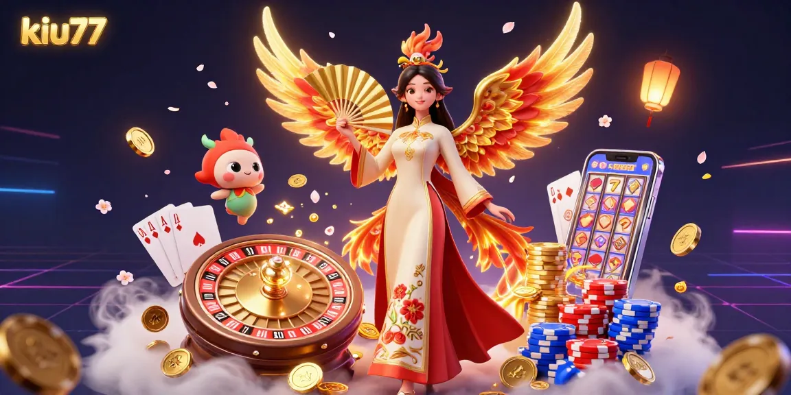 Experience exhilarating gameplay at kiu77 with a vibrant 3D casino scene featuring phoenix and cherry blossoms.