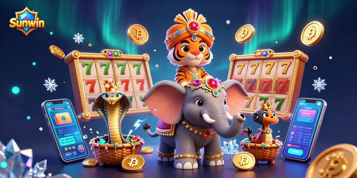 Experience thrilling slots with Sunwin's vibrant casino scene featuring a maharaja tiger and glowing crypto coins.