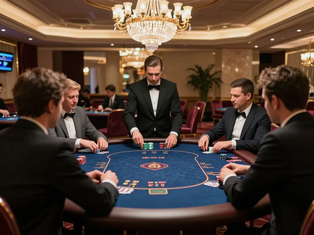 five88 players strategizing at an exclusive poker table in a luxurious casino setting