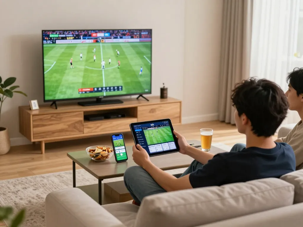 Socolive TV xem bong da while enjoying a lively football match at home with friends and betting apps