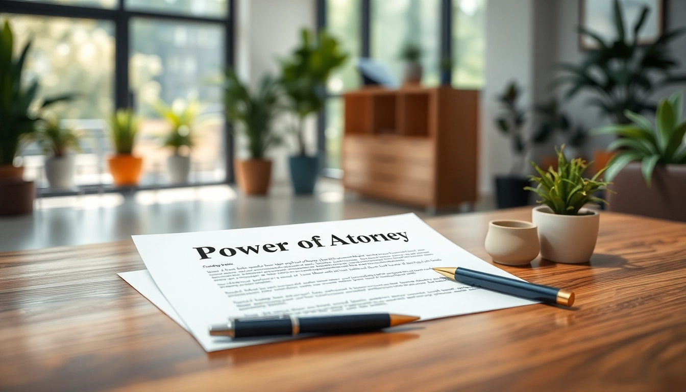 Visual representation of a Power of Attorney document on a stylish desk, evoking professionalism and trust.