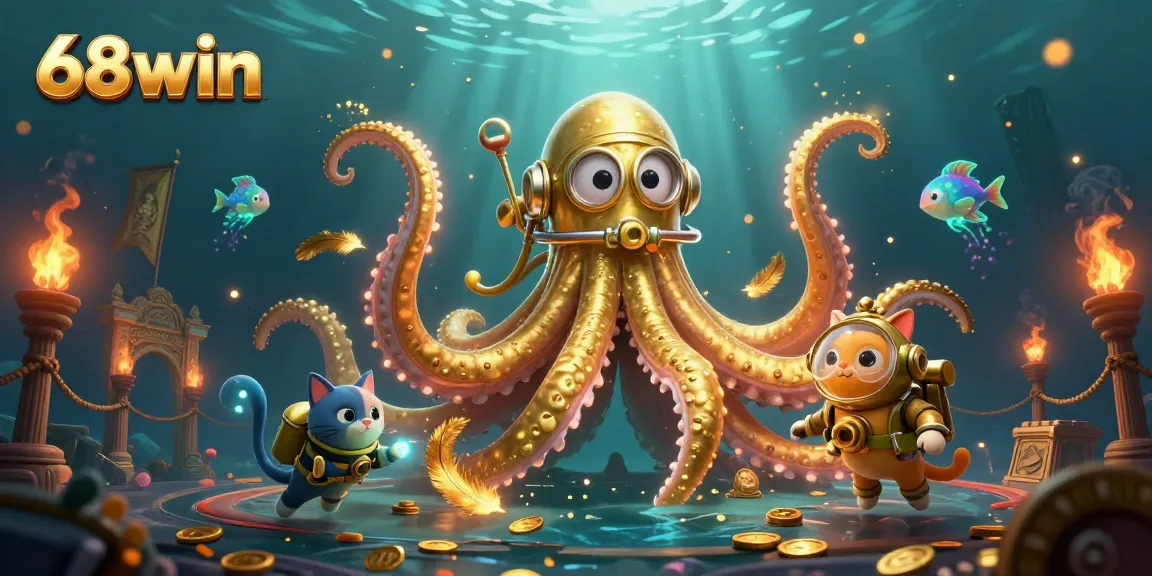 Immerse in 68win’s thrilling casino adventure featuring a kraken, diving cat, and treasure elements.
