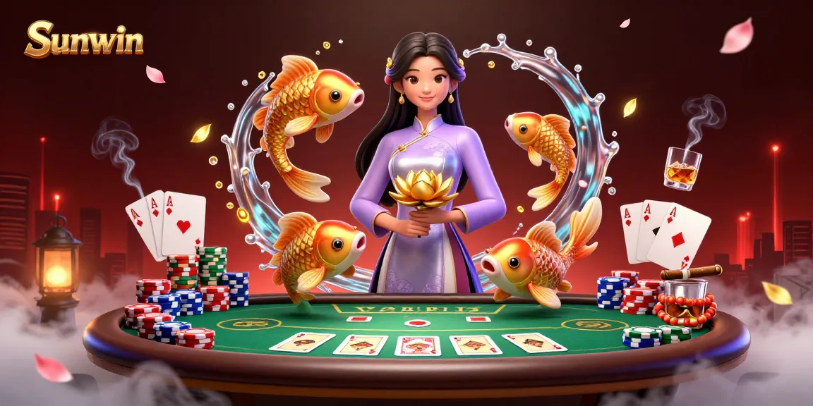 Experience the thrill of Sunwin with vibrant Asian-themed casino elements in a dynamic 3D scene.