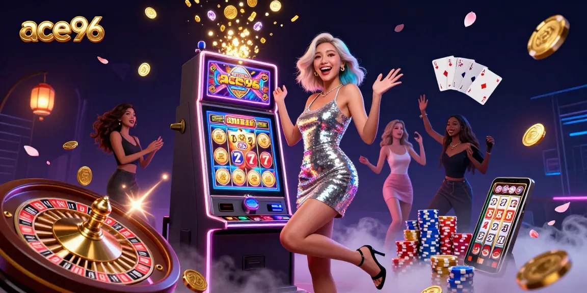 Experience the excitement of ace96 with a stunning jackpot celebration scene featuring slots, poker, and vibrant casino elements.