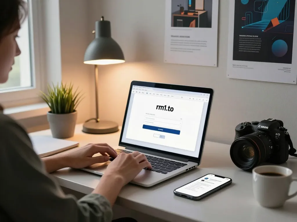 Secure rm1.to login process depicted in a modern workspace.
