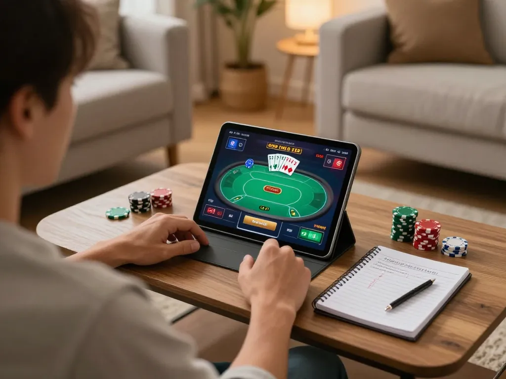 Player enjoying online casino gaming with sunwintop app on tablet in cozy home setting