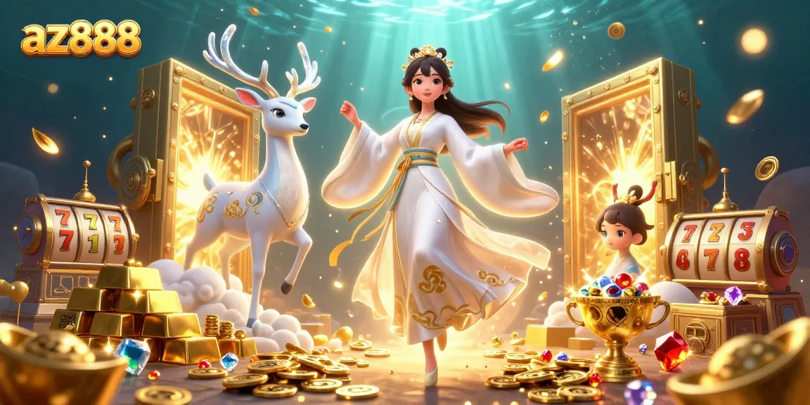 Feel the excitement at az888 while spinning slot reels with dazzling treasures in a vibrant scene.