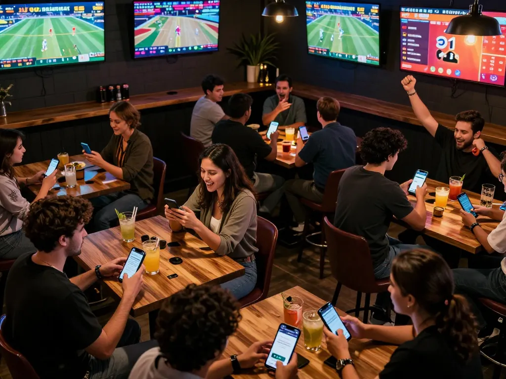 Fans engaging in live sports betting using JUN88 on mobile devices at a lively sports bar.