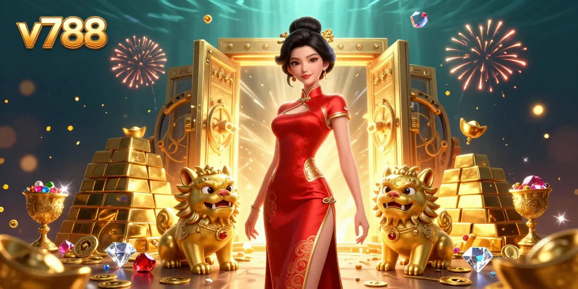 Experience vibrant winnings at v788 with a glamorous casino scene filled with treasures.