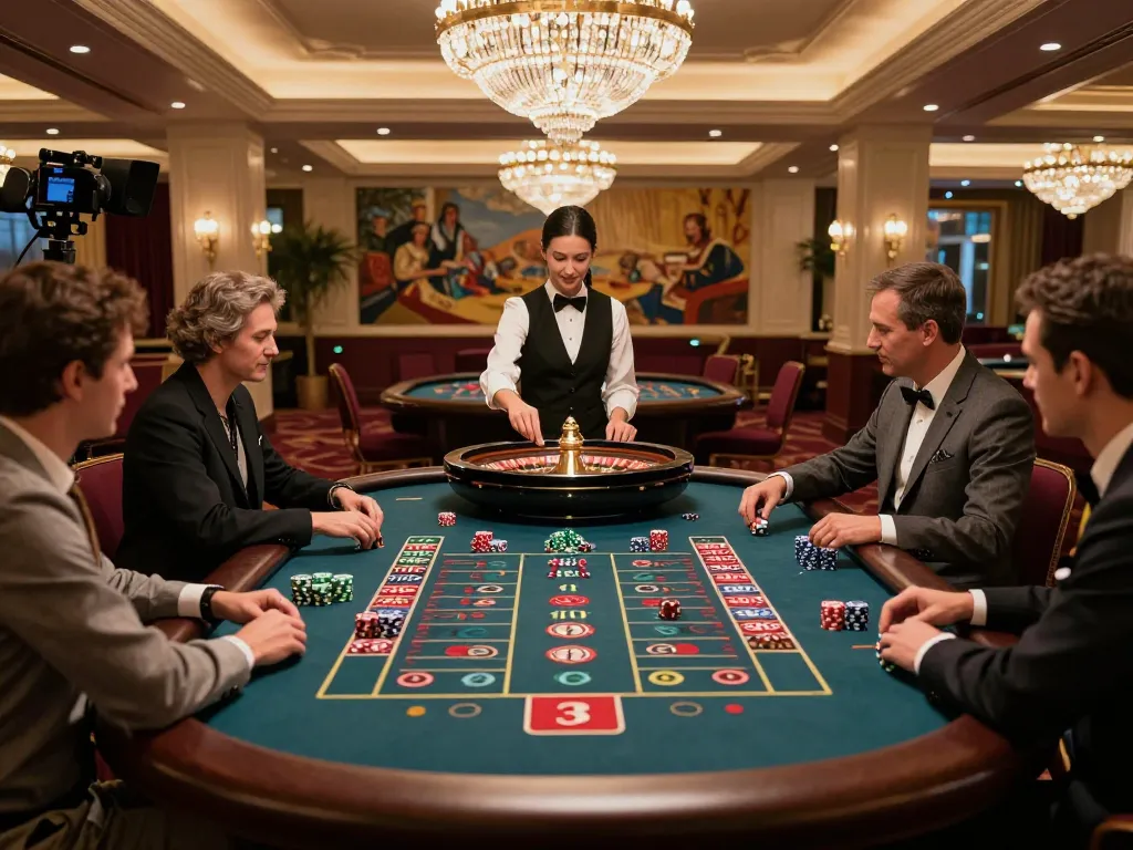 Experience the excitement of debet gaming at a luxurious casino with players at a roulette table.