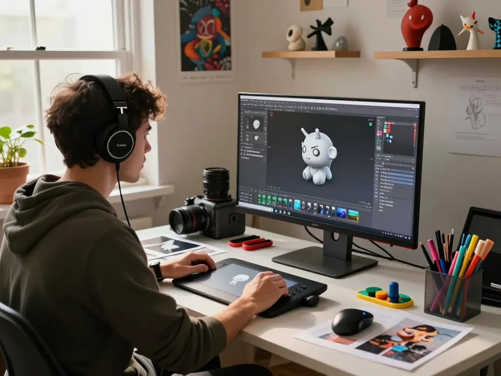 3D model generator in action at a creative workspace, showcasing intricate designs on a large monitor.