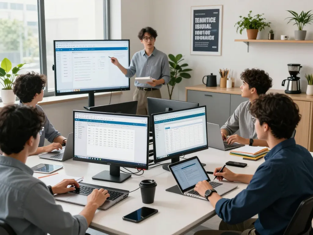 Team collaborating using WPS Office in a modern office setup, showcasing teamwork and productivity.