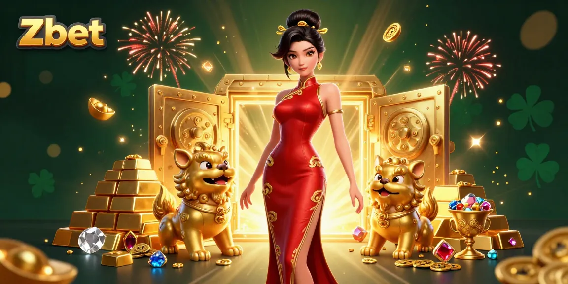 Zbet online gambling scene featuring a glamorous woman and golden foo dog guardians with treasures.