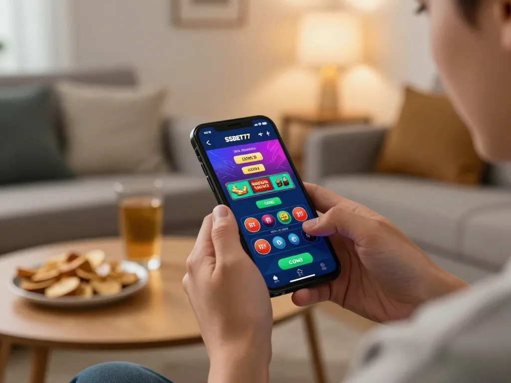 Engaging with the SSBET77 app for live casino gaming in a cozy home setting.