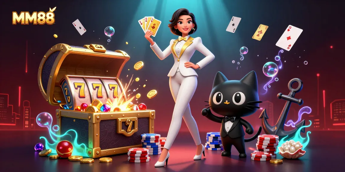 Win big at MM88 with this vibrant 3D illustration of players and slot games.