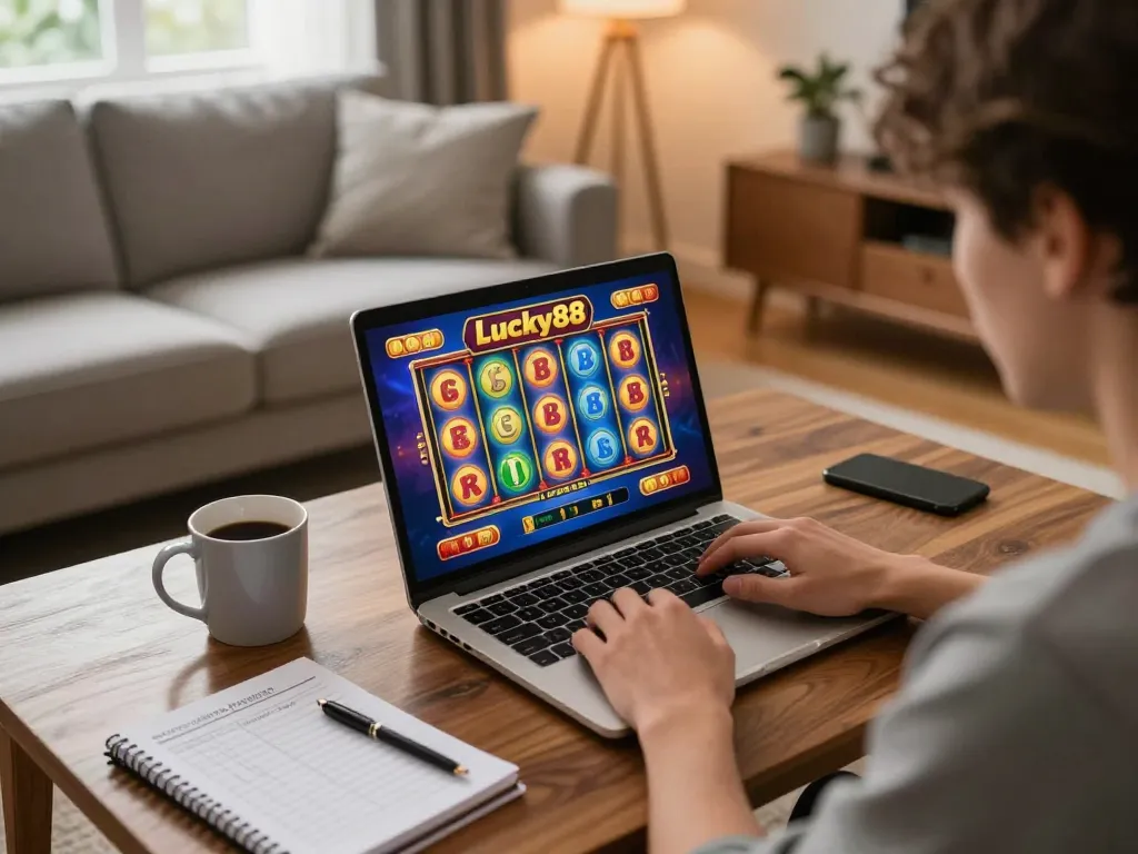 Playing Lucky88 slot game on laptop in cozy home environment, showcasing responsible gaming