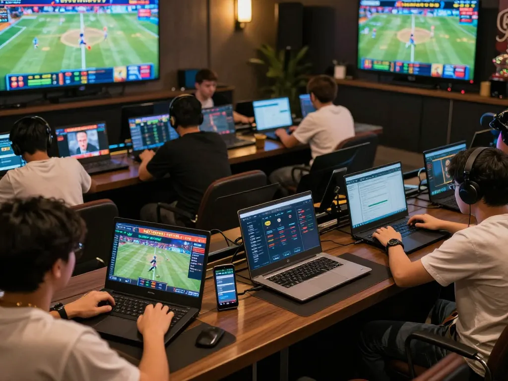 Xoilac TV users enthusiastically betting on sports with multiple devices and screens during a lively gaming session.