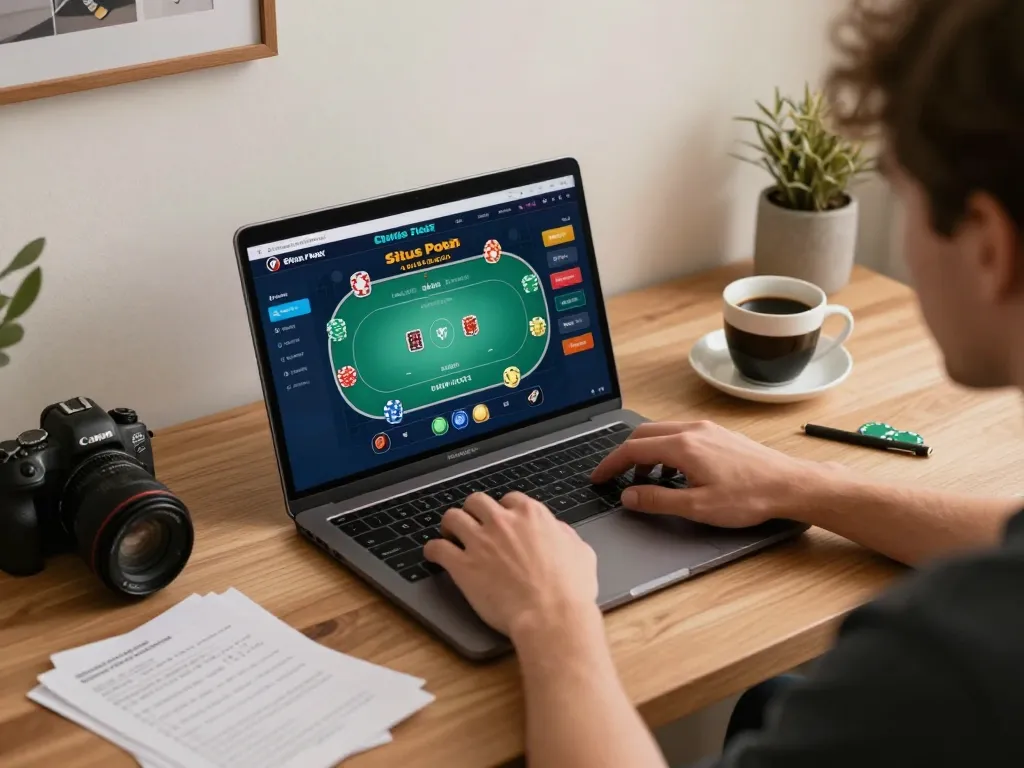 Situs Poker Lapak303 poker gameplay in progress, player engaged at home workspace with strategy notes
