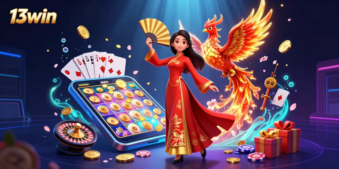Spin the reels at 13win and witness a vibrant scene with enchanting characters and golden game elements.