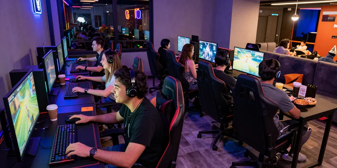 Friends enjoying a thrilling gaming night at Paus Hoki with vibrant lights and engaging gameplay
