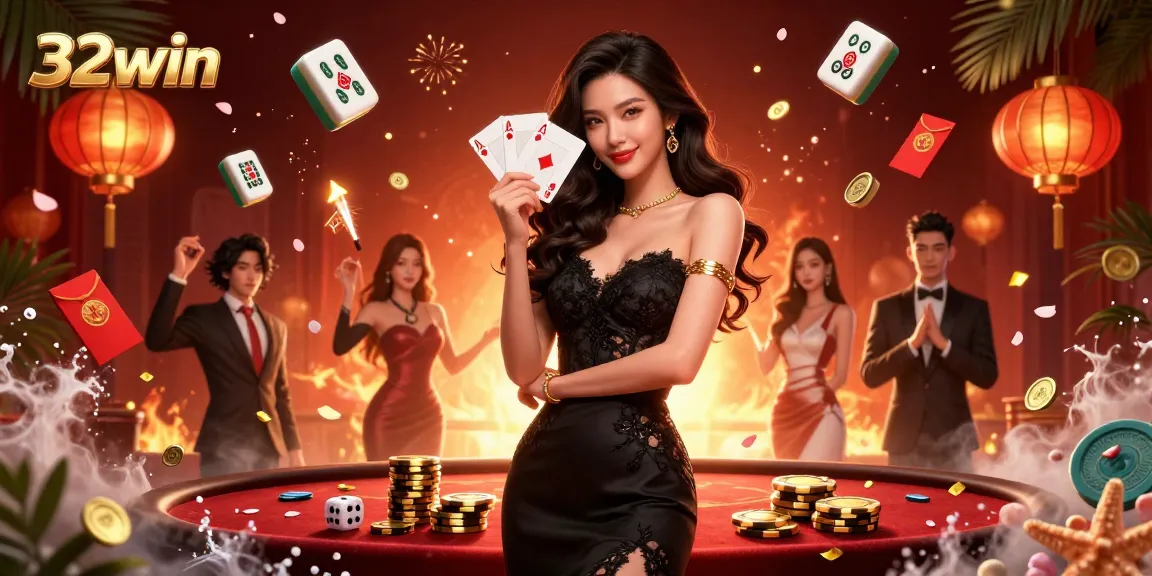 Experience the thrill of 32win with a glamorous dealer showcasing winning playing cards amidst casino excitement.