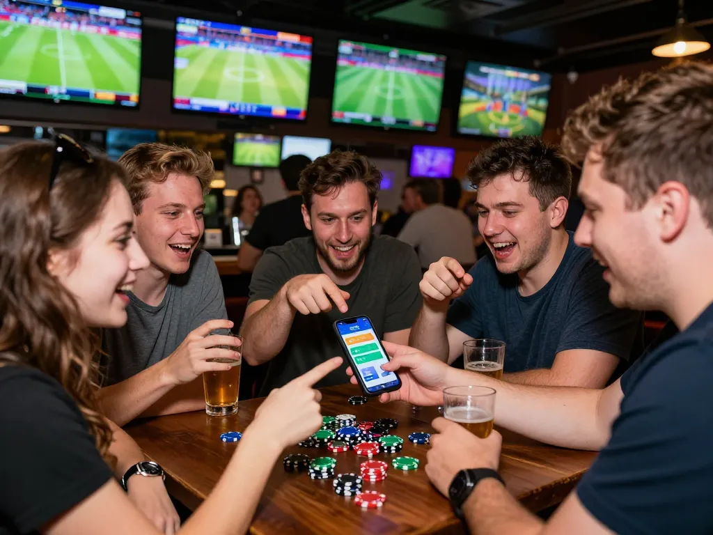 Excited friends engaging in sports betting using the cm88 app while enjoying drinks at a bar.