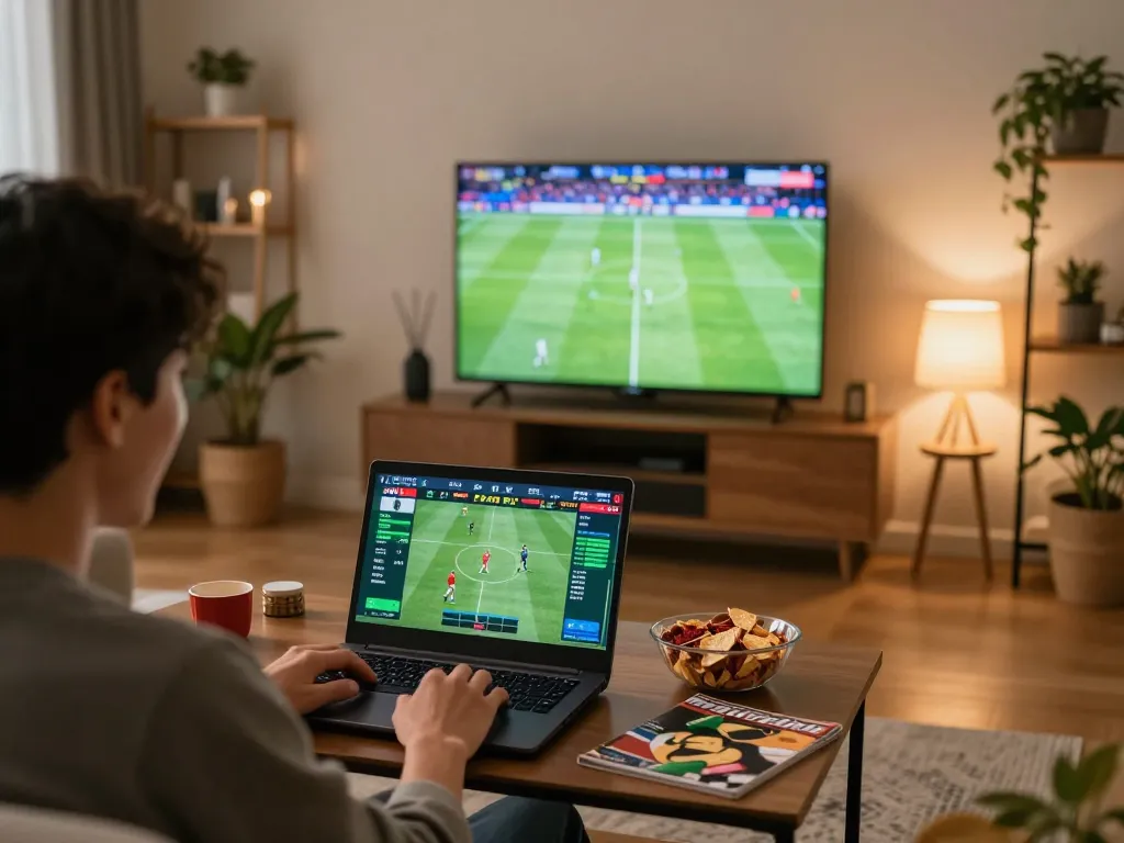 Socolive TV xem bong da in a cozy home setting with an engaged bettor using a laptop for online sports betting.