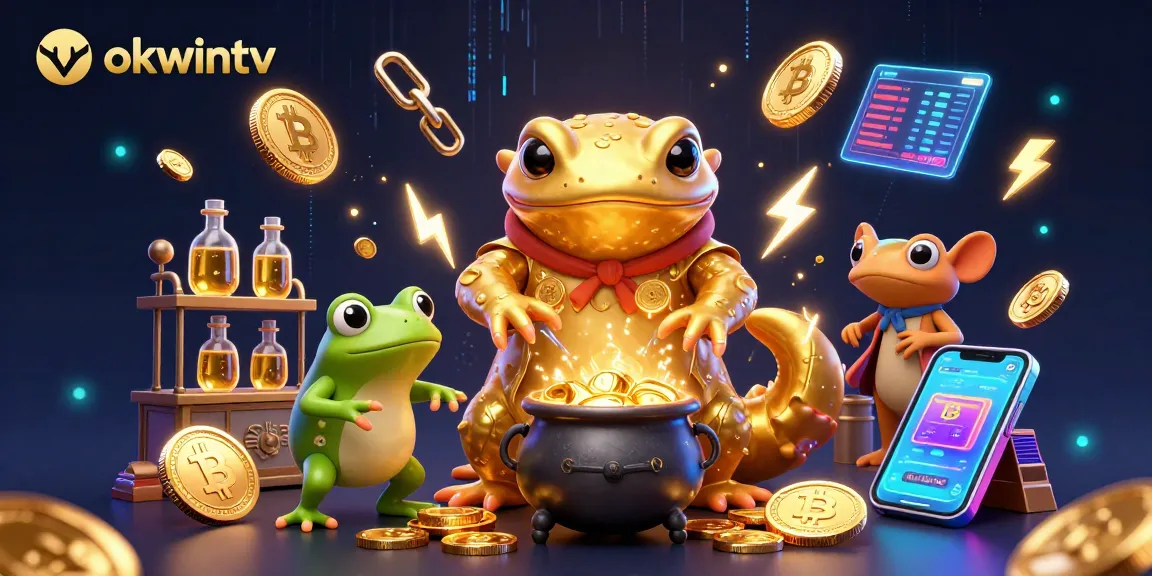 Engage in thrilling betting with okwintv's dynamic 3D illustration showcasing gold alchemy and cryptocurrency.