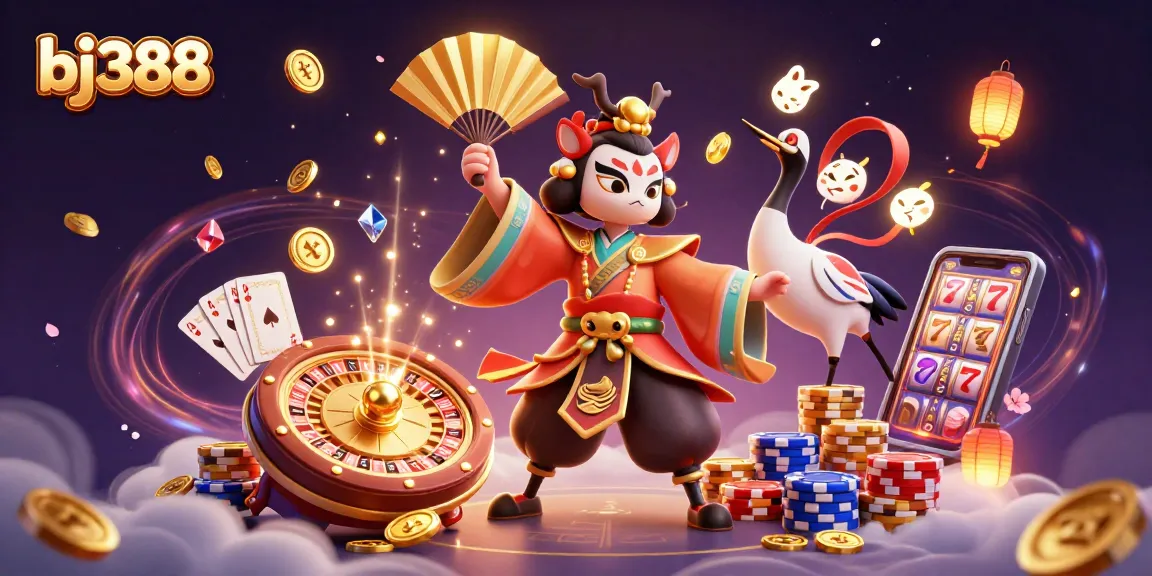 Experience the thrilling world of bj388 with kabuki warriors and casino games in a vibrant 3D scene.