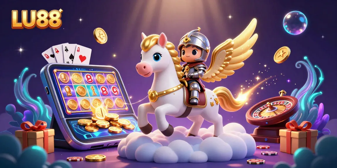 LU88 offers thrilling slot experiences as a 3D horse gallops through a dynamic gaming landscape.