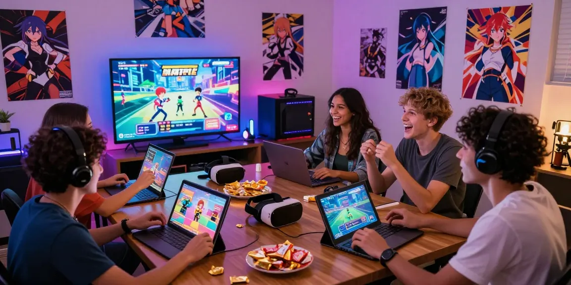 Group of friends enjoying hentaigames together in a vibrant gaming setup.