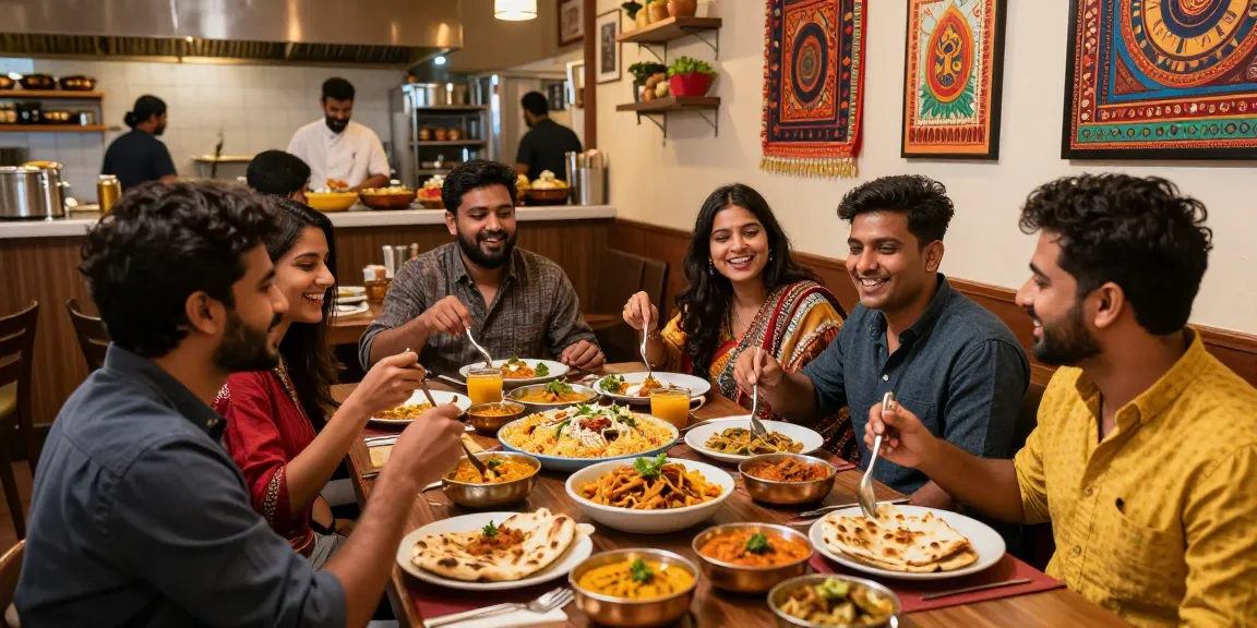 Indian restaurant Sunnyvale downtown with friends enjoying vibrant dishes in lively atmosphere