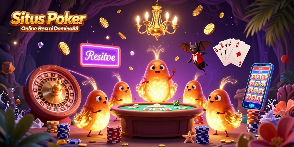 Situs Poker Online Resmi Domino88 features glowworms lighting up a vibrant cave casino scene with golden coins, dazzling gems, and a bat dealer.