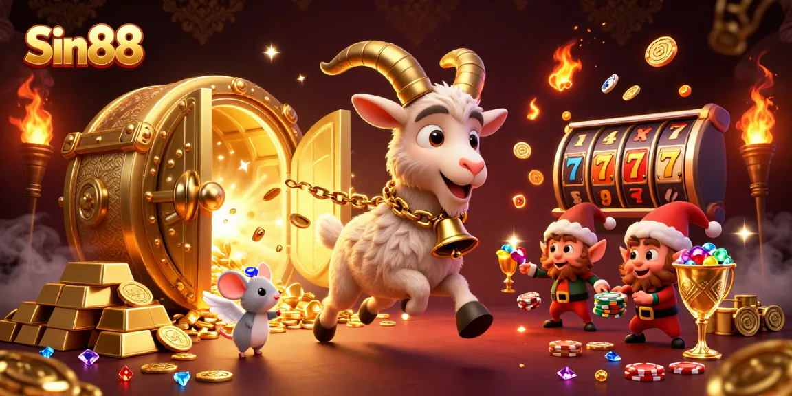 Sin88 features a Krampus goat managing a festive casino, with elf gremlins joyfully stealing chips.
