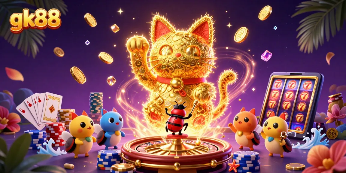 Experience a vibrant gk88 casino scene with a lucky cat, dynamic casino elements, and striking effects.