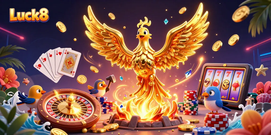 Experience the thrill of Luck8 with golden phoenixes, dynamic casino elements, and vibrant visuals.