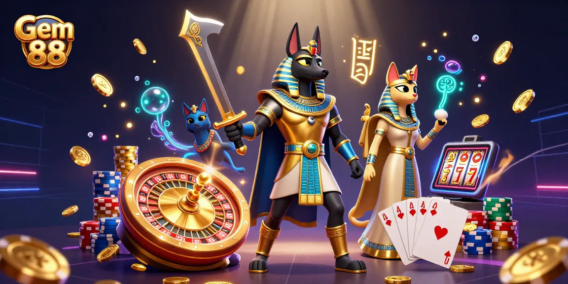 Experience Gem 88's thrilling 3D casino adventure with Anubis and Bastet amid floating coins and spinning roulette.