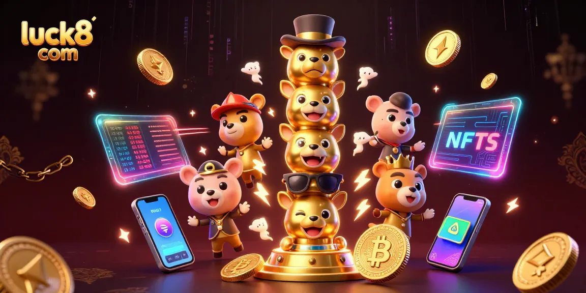 Engage with luck8 com through vibrant casino-themed illustration filled with 3D characters and lucrative gaming elements.