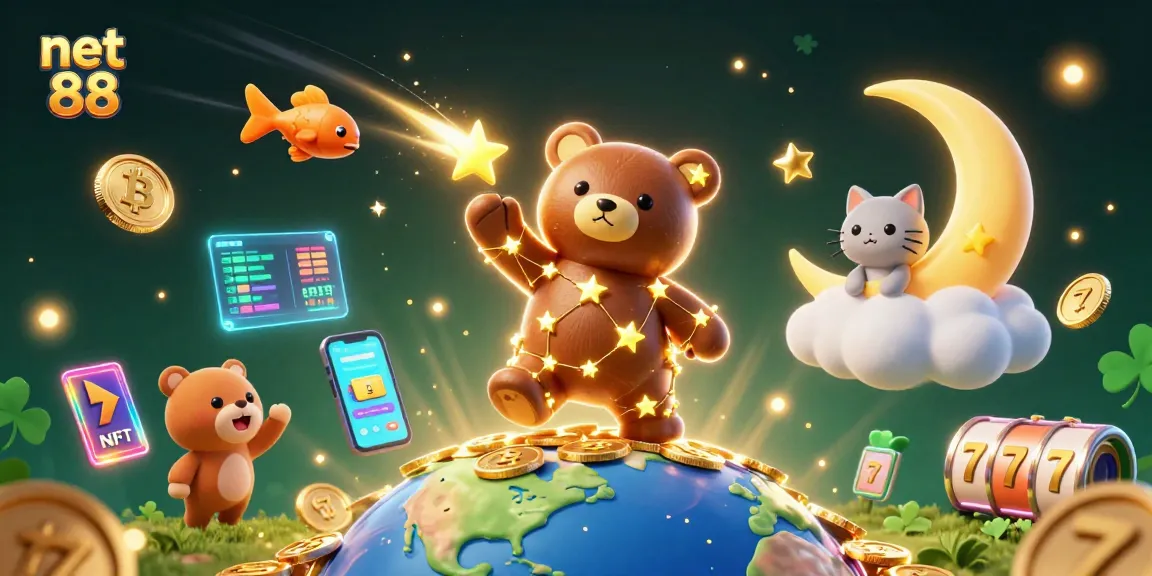 Win big with net 88 in a vibrant, rich casino scene featuring colorful characters and coins.