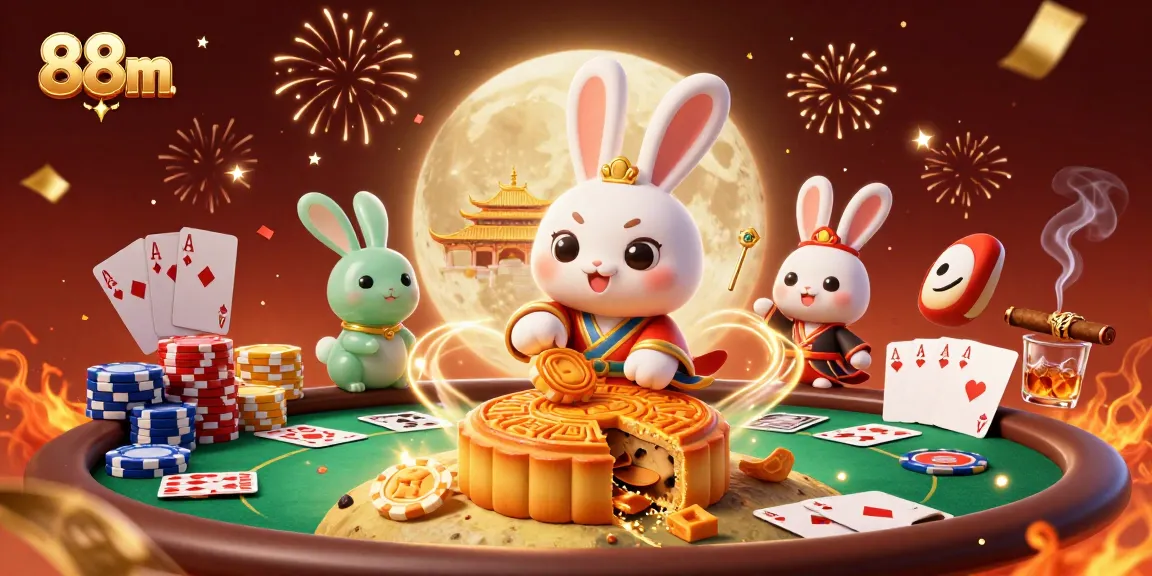 Play poker with 88m's festive moon rabbits and vibrant casino elements in an immersive lunar scene.