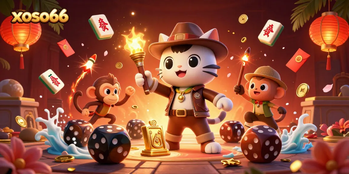 Xoso66 reveals thrilling gambling adventures through a colorful 3D illustration of an explorer cat and monkey in a vibrant casino.