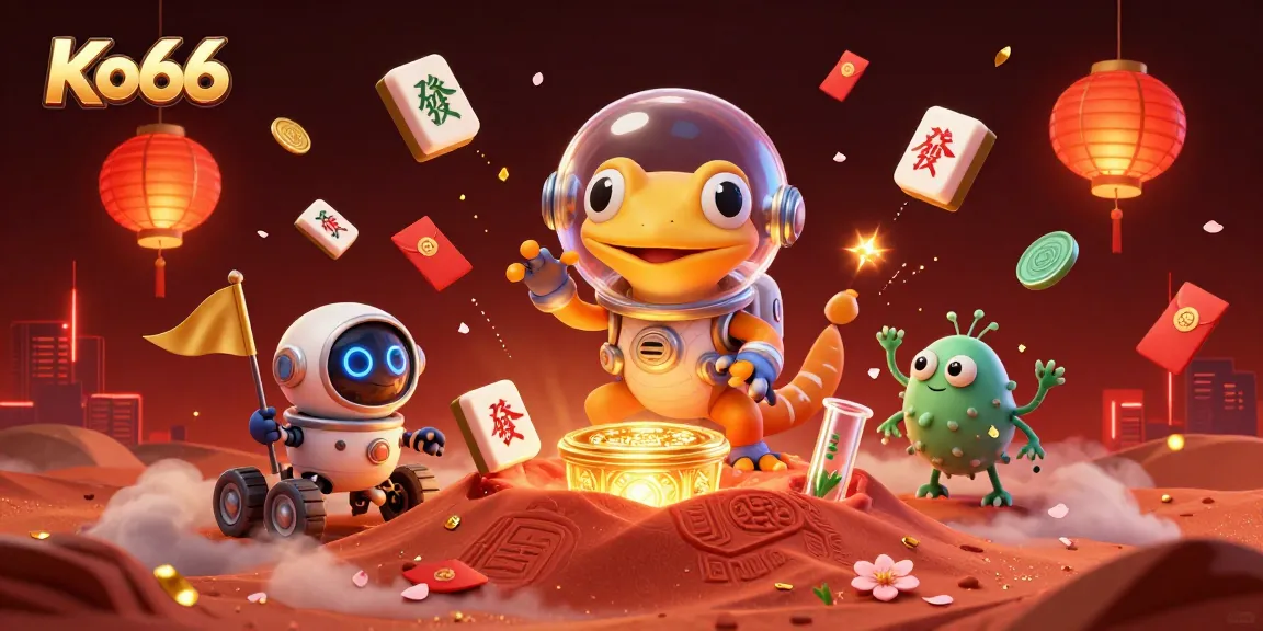 Experience Ko66 with a Martian gecko discovering a golden casino, surrounded by vibrant gaming elements.