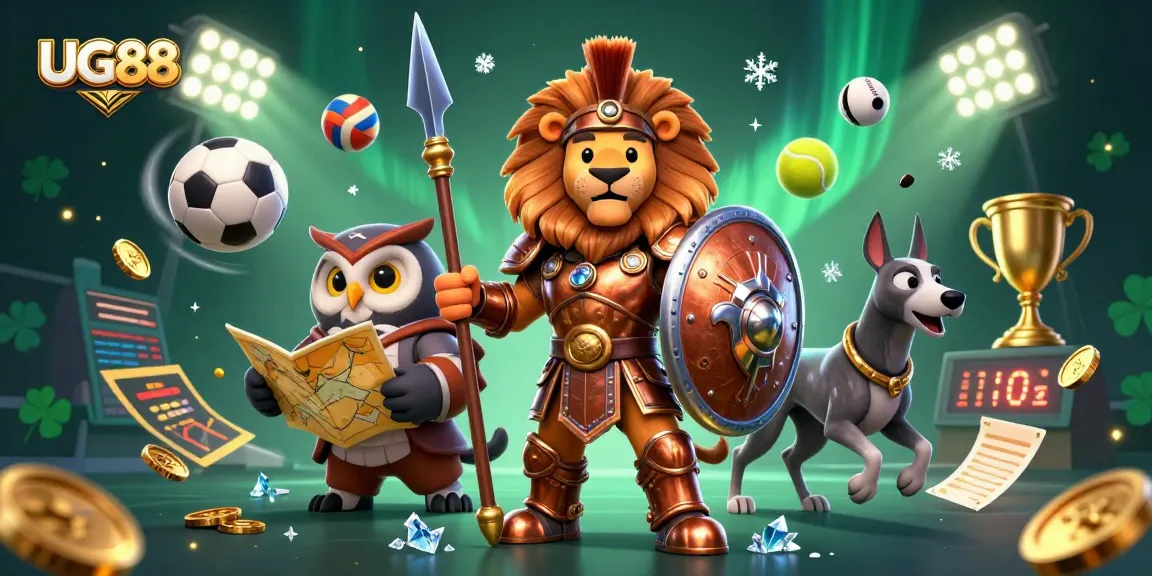 Experience unmatched excitement at UG88 with heroic characters amid vibrant sports elements in a dynamic casino scene.