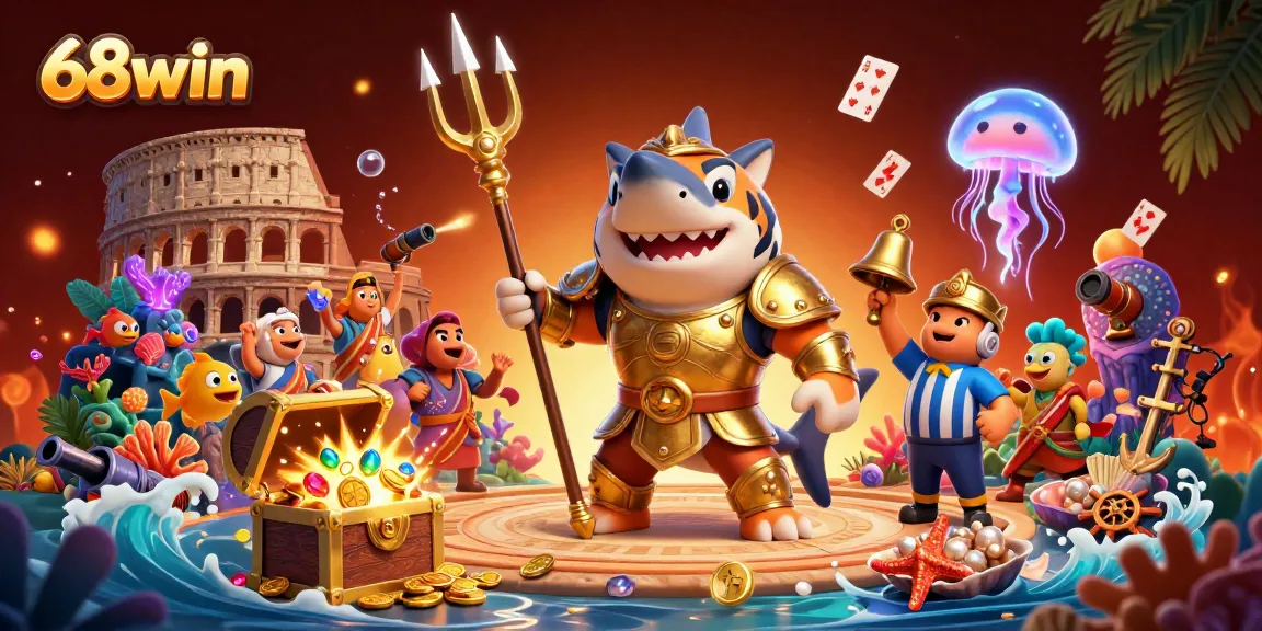Experience thrilling gameplay at 68win with a colorful 3D underwater casino scene featuring unique characters and vivid game elements.