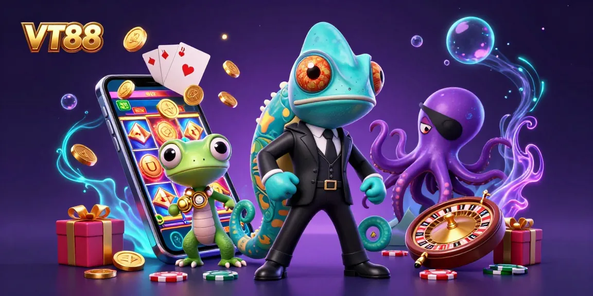 Engage with the thrilling VT88 casino scene featuring a secret agent chameleon, a tech gecko, and vibrant slot game elements.