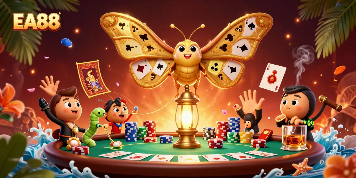 Engage in thrilling gaming scenes with EA88, where the golden atlas moth celebrates poker glory.