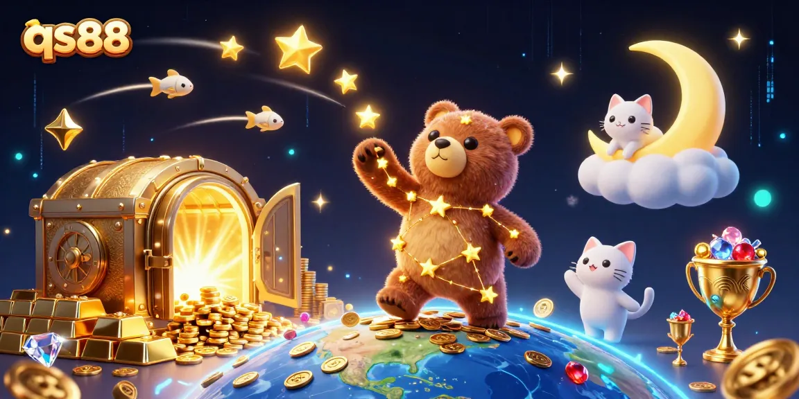 Win big at qs88 with a cosmic bear scooping coins amidst a vibrant casino scene.
