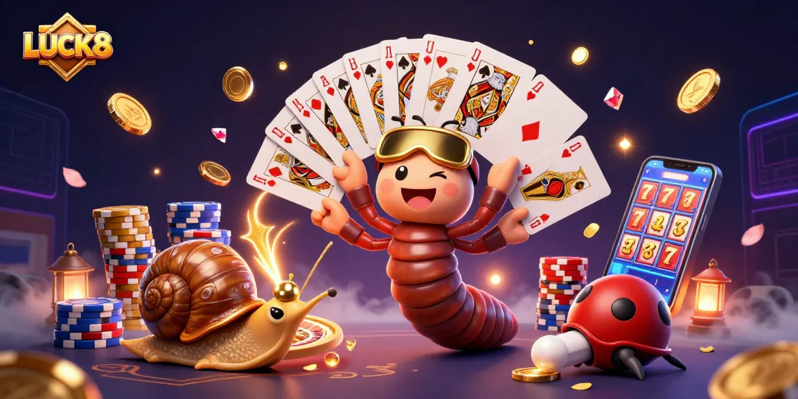 LUCK8 gaming scene featuring a lively millipede dealer and snail high-roller amidst vibrant casino elements and excitement